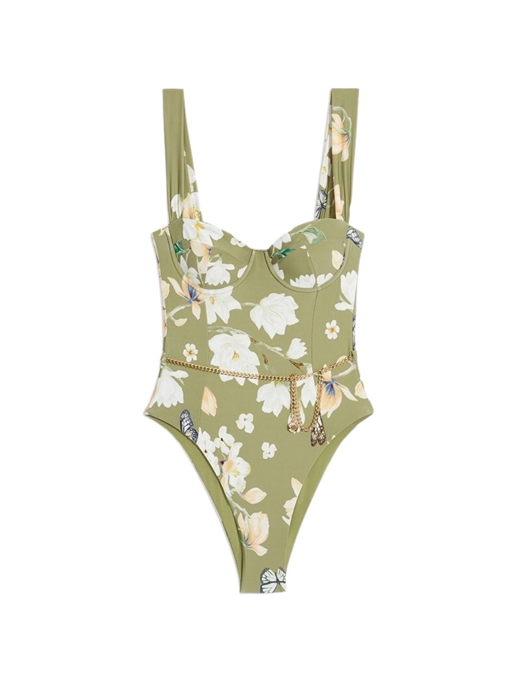 WeWoreWhat Olive Green Floral One-Piece with Gold Chain